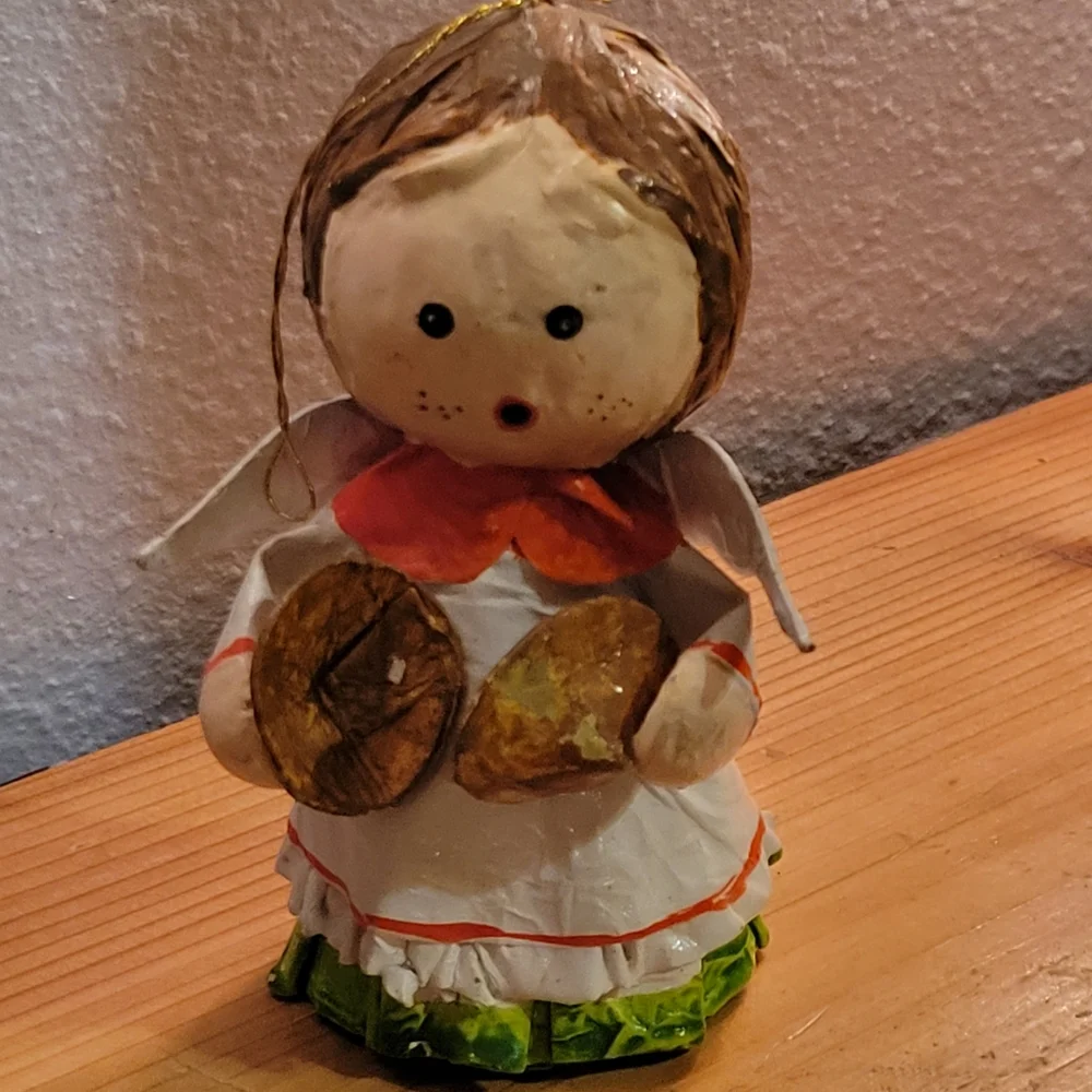 Vtg Handmade Paper Mache Glazed Angel Christmas Tree Ornament Cymbals Music